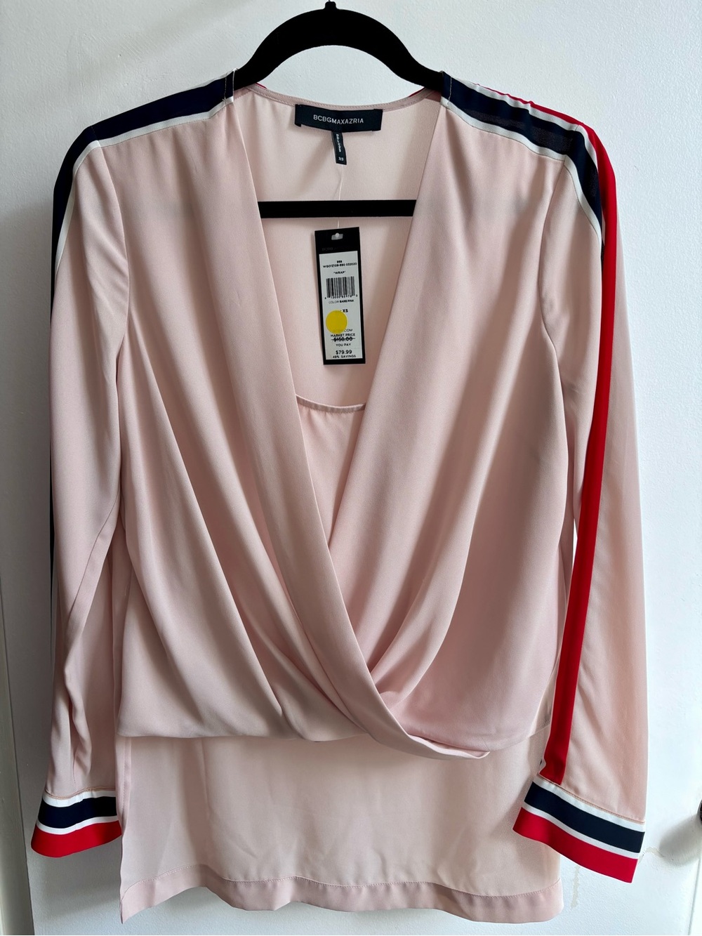 BCBGMaxAzria Blush Pink Draped V-Neck Top with Navy and Red Trim